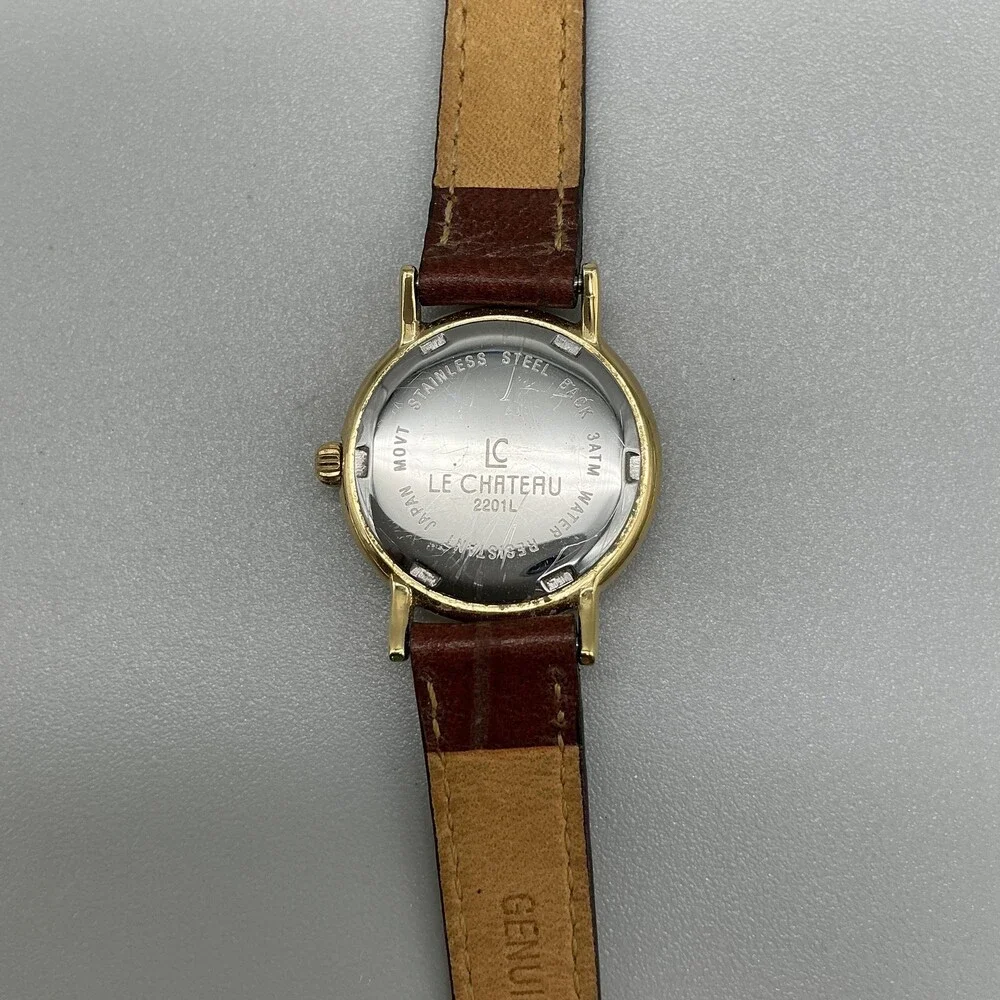 Le Chateau 2201L Womens Watch 24mm Gold Tone Brown Leather Date New Battery